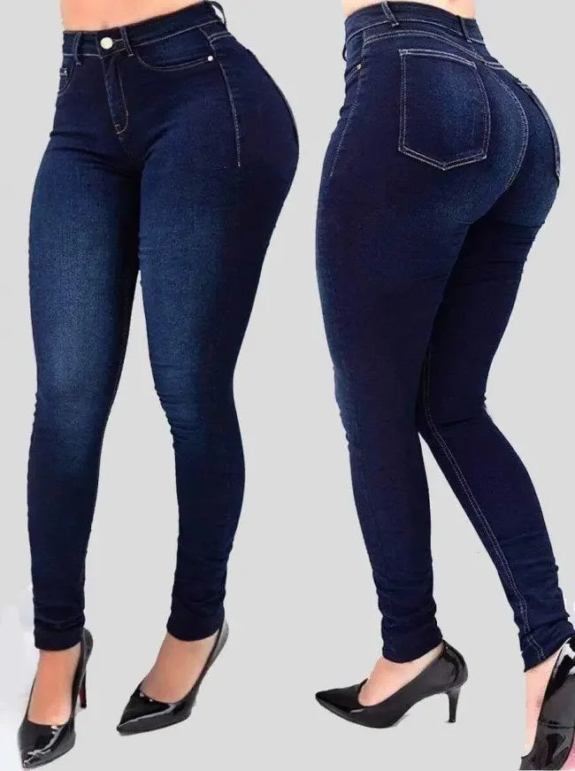 Calça jeans feminina de cor pura de cintura alta