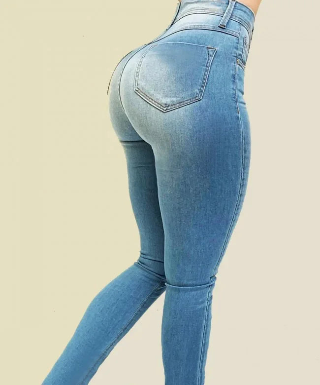 Calça jeans feminina de cor pura de cintura alta