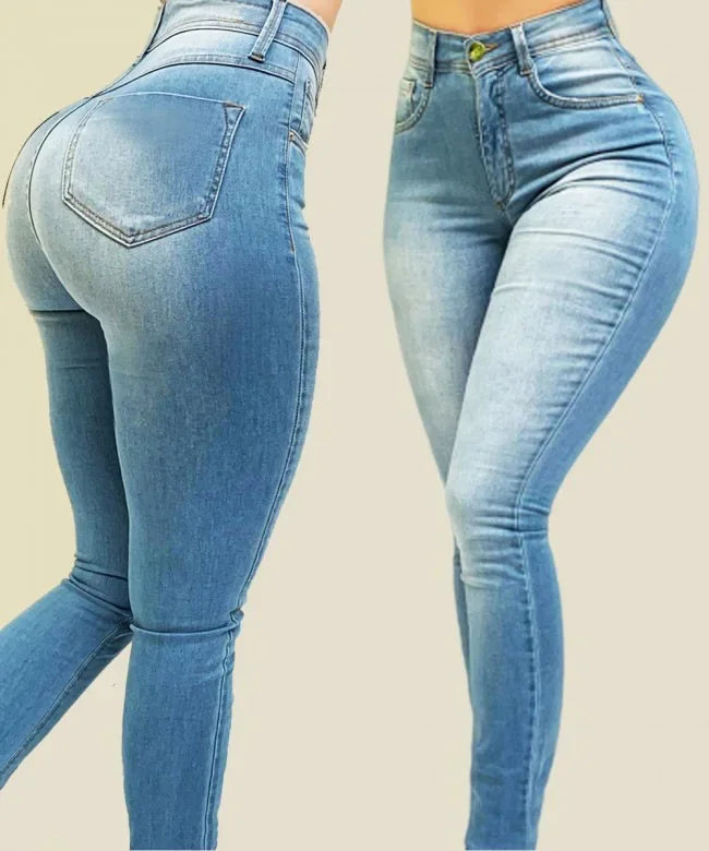 Calça jeans feminina de cor pura de cintura alta