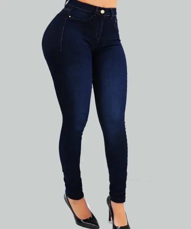 Calça jeans feminina de cor pura de cintura alta