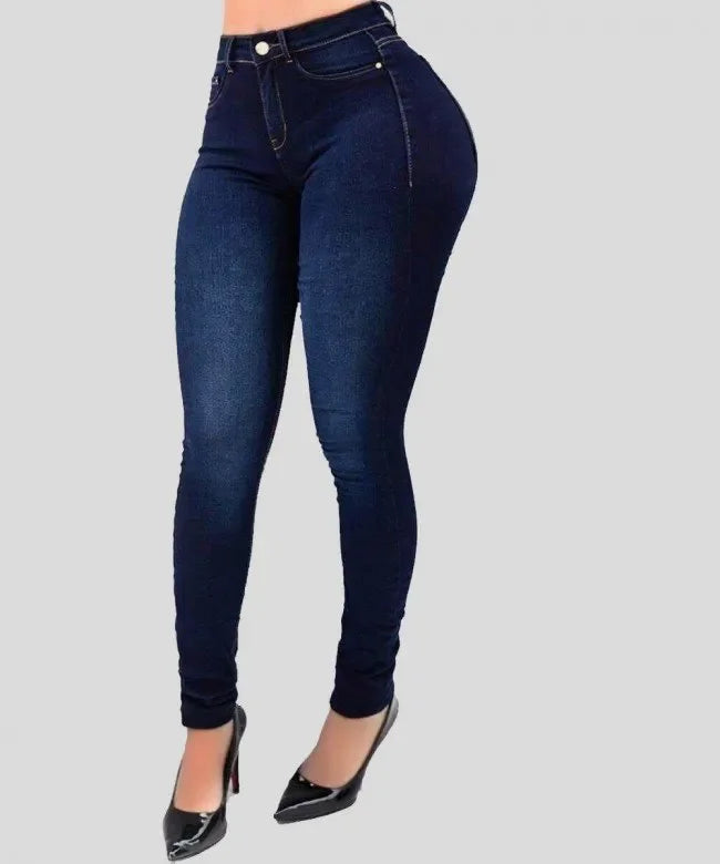 Calça jeans feminina de cor pura de cintura alta